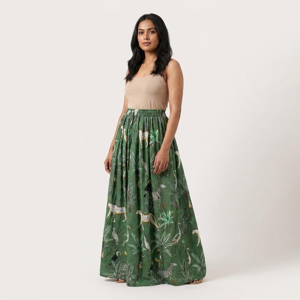Green Leopard Cotton Maxi Skirt, Handcrafted Flared Long Dress, Sage Bohemian Safari Apparel