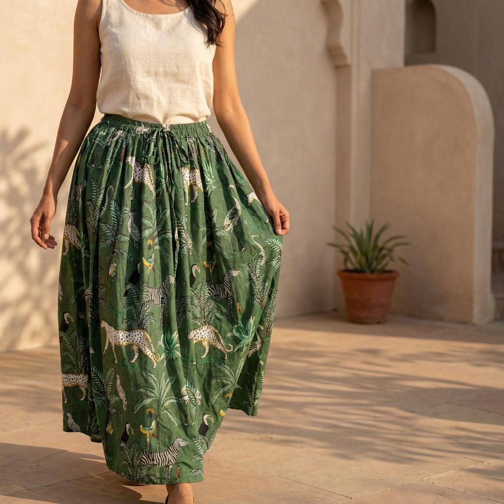 Green Leopard Cotton Maxi Skirt, Handcrafted Flared Long Dress, Sage Bohemian Safari Apparel