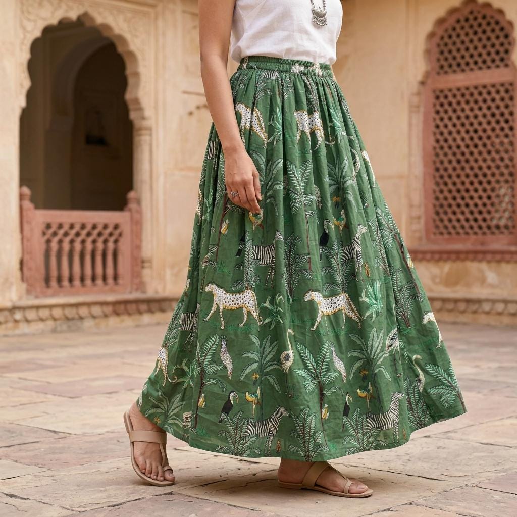 Green Leopard Cotton Maxi Skirt, Handcrafted Flared Long Dress, Sage Bohemian Safari Apparel
