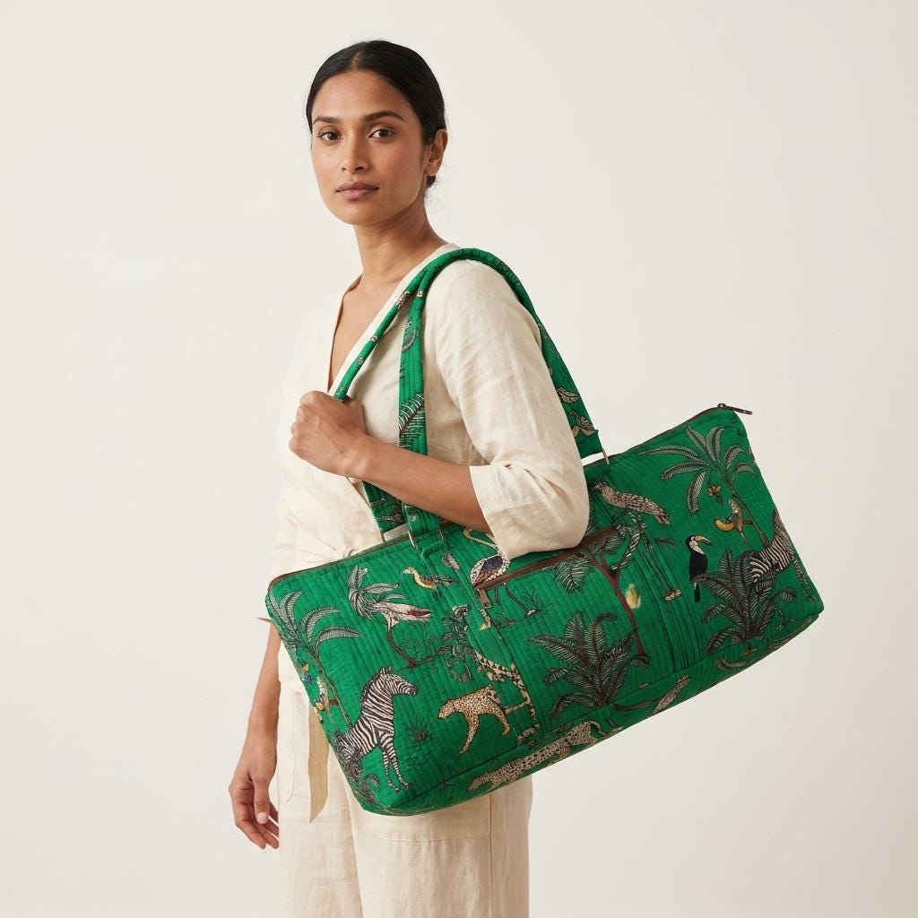Green Leopard Quilted Cotton Yoga Mat Bag, Handcrafted Shoulder Carrier, Zebra Fitness Tote