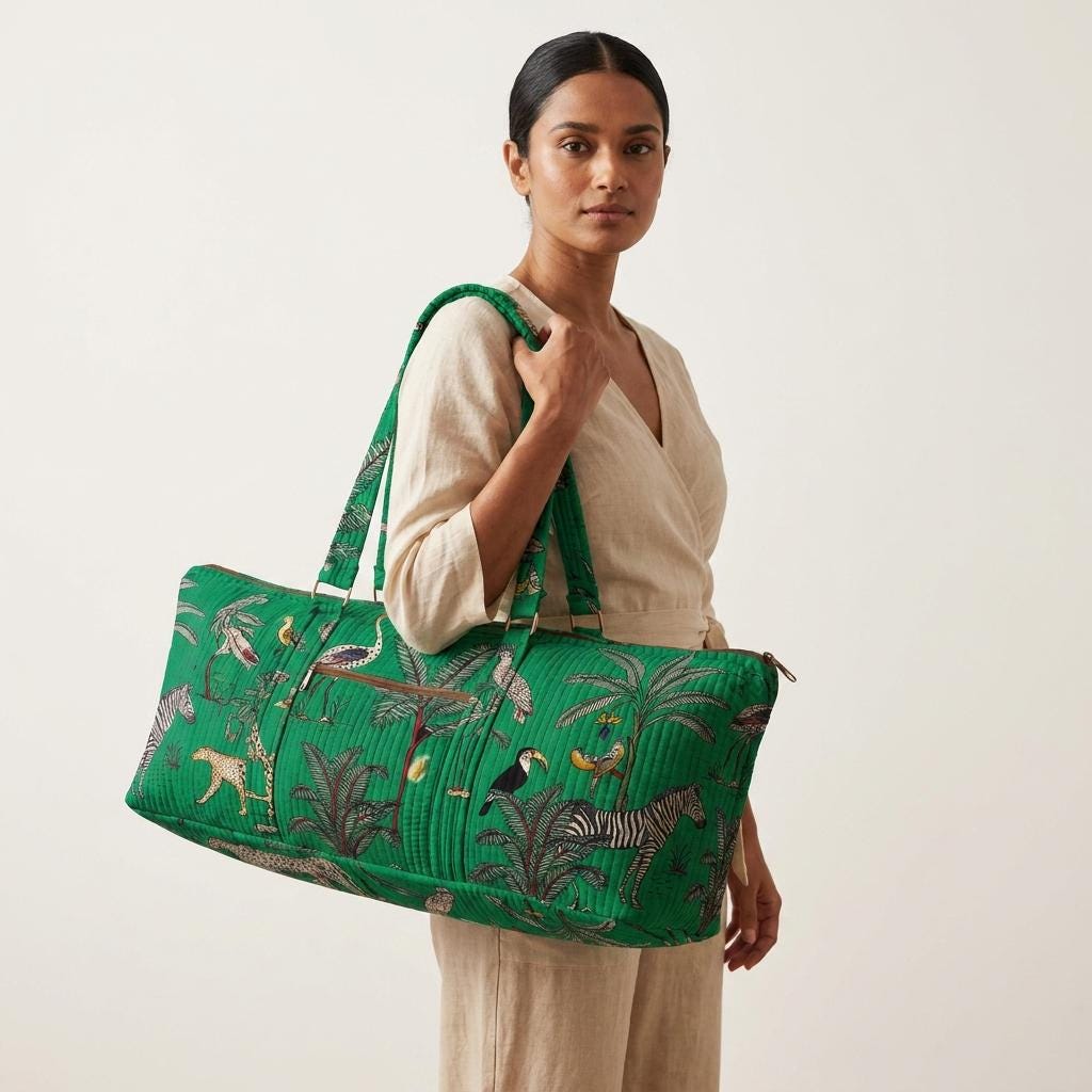 Green Leopard Quilted Cotton Yoga Mat Bag, Handcrafted Shoulder Carrier, Zebra Fitness Tote
