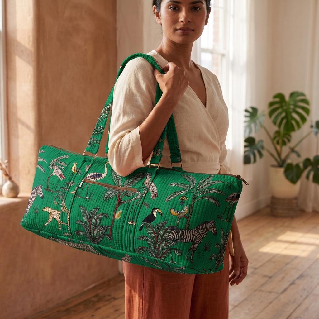 Green Leopard Quilted Cotton Yoga Mat Bag, Handcrafted Shoulder Carrier, Zebra Fitness Tote