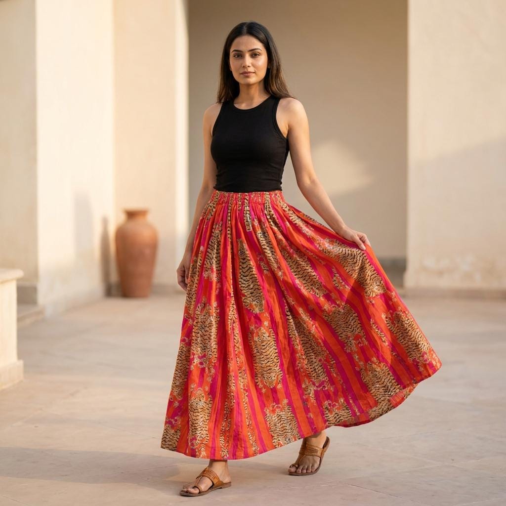 Orange Tiger Cotton Maxi Skirt, Handcrafted Flared Long Dress, Pink Bohemian Animal Apparel