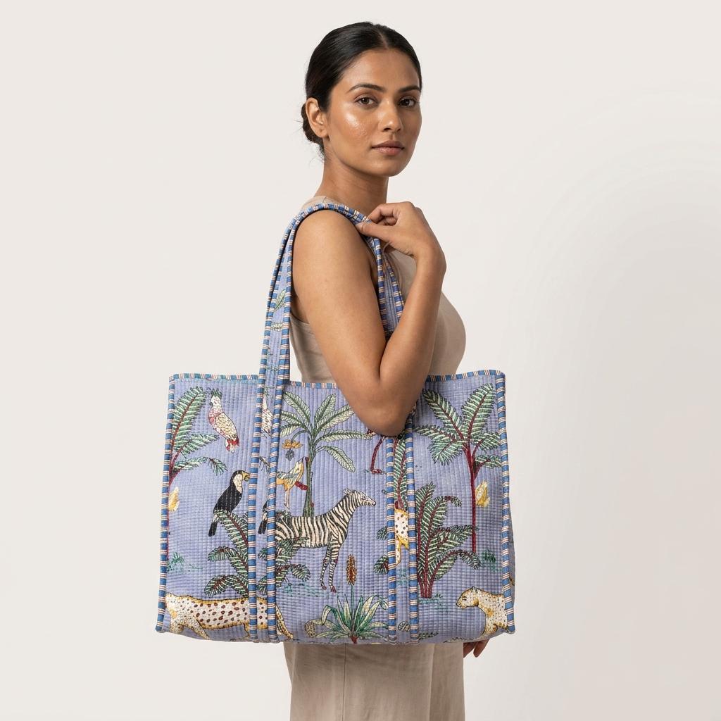 Blue Leopard Quilted Cotton Tote Bag, Handcrafted Shoulder Shopper, Zebra Slate Travel Handbag