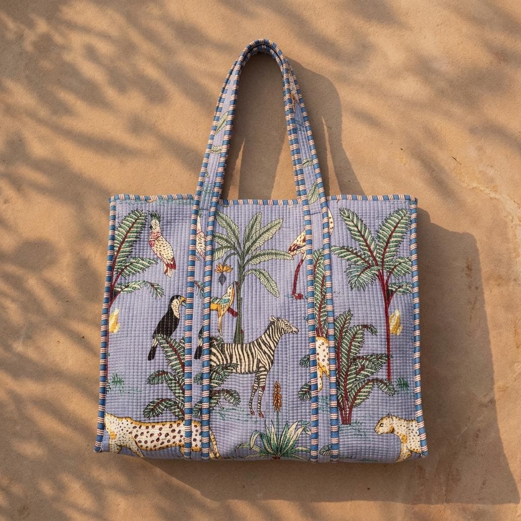 Blue Leopard Quilted Cotton Tote Bag, Handcrafted Shoulder Shopper, Zebra Slate Travel Handbag