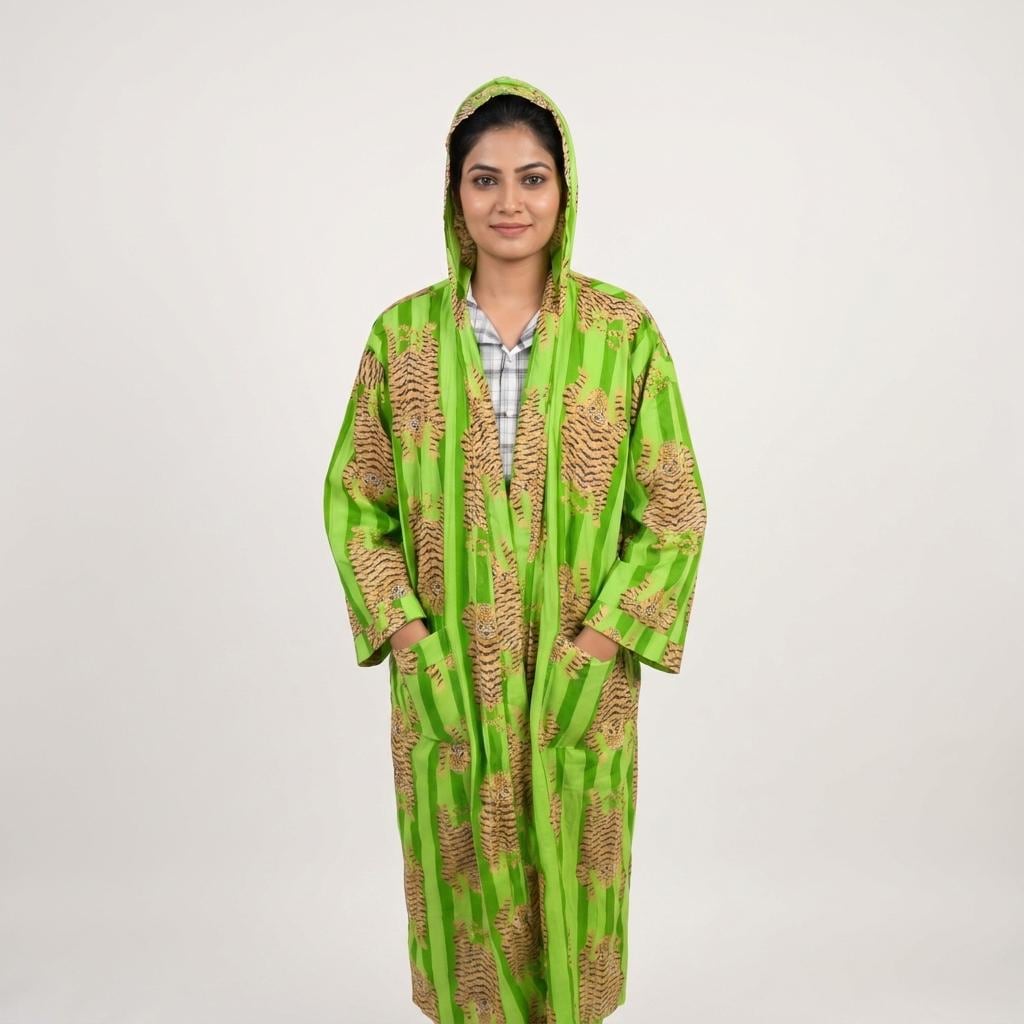 Green Tiger Cotton Hooded Bathrobe, Handcrafted Striped Loungewear Long Dressing Gown Kimono Sleepwear