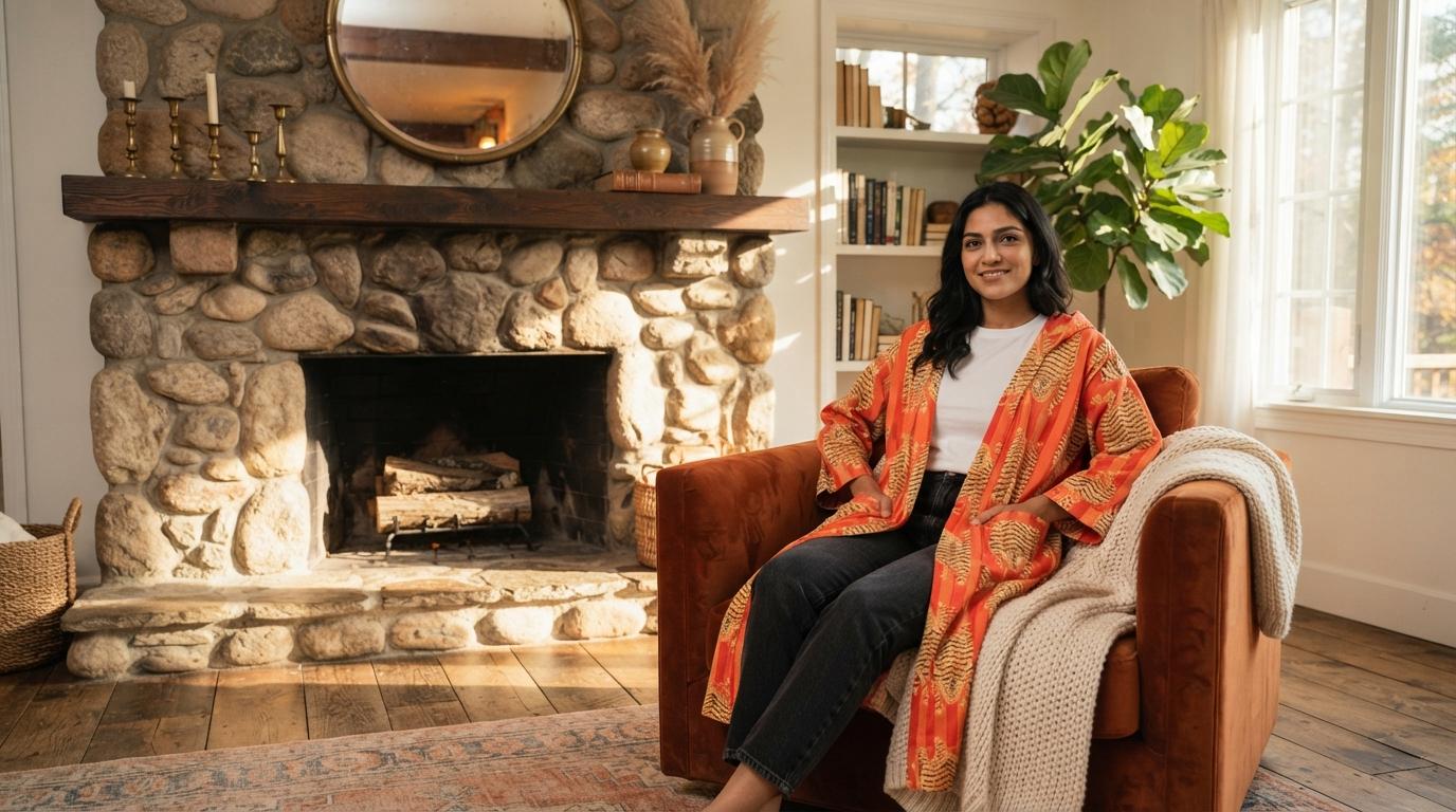 Orange Tiger Cotton Hooded Bathrobe, Handcrafted Striped Loungewear Long Dressing Gown Kimono Sleepwear