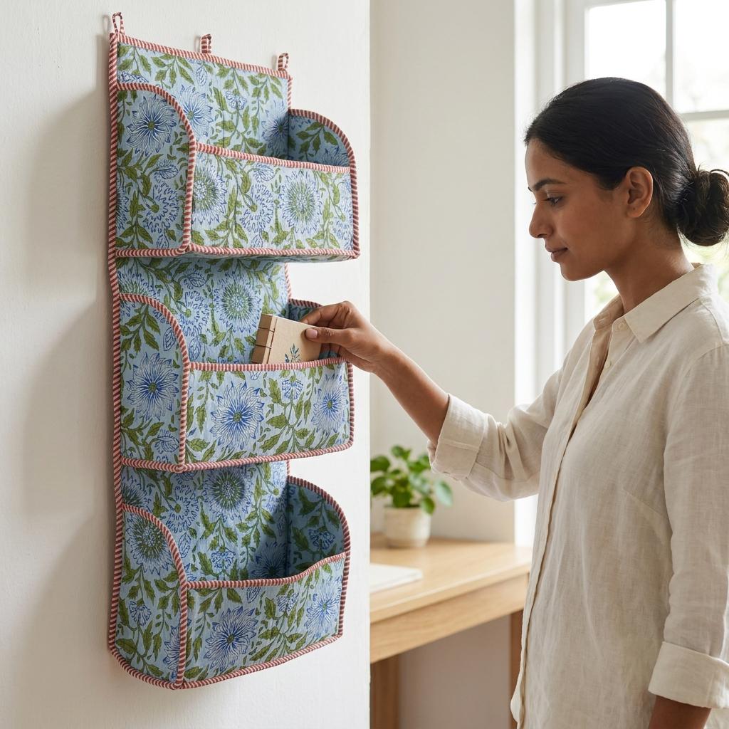 Blue Floral Quilted Cotton Hanging Wall Organizer, Handcrafted Tiered Pocket Fabric Mail Hanger
