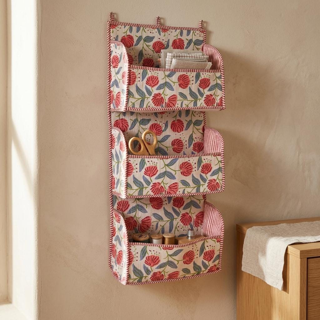 Red Flower Quilted Cotton Hanging Wall Organizer, Handcrafted Tiered Pocket Fabric Mail Hanger