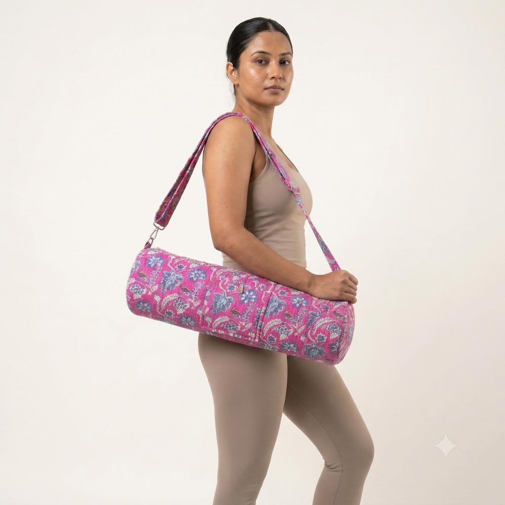 Pink Quilted Cotton Yoga Mat Bag, Handcrafted Crossbody Carrier, Blue Floral Fitness Tote