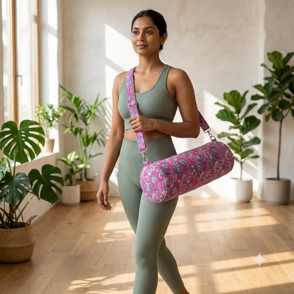 Pink Quilted Cotton Yoga Mat Bag, Handcrafted Crossbody Carrier, Blue Floral Fitness Tote