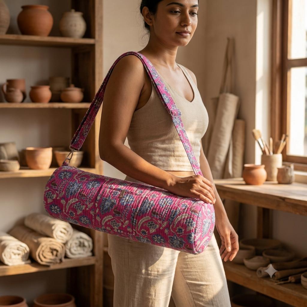 Pink Quilted Cotton Yoga Mat Bag, Handcrafted Crossbody Carrier, Blue Floral Fitness Tote