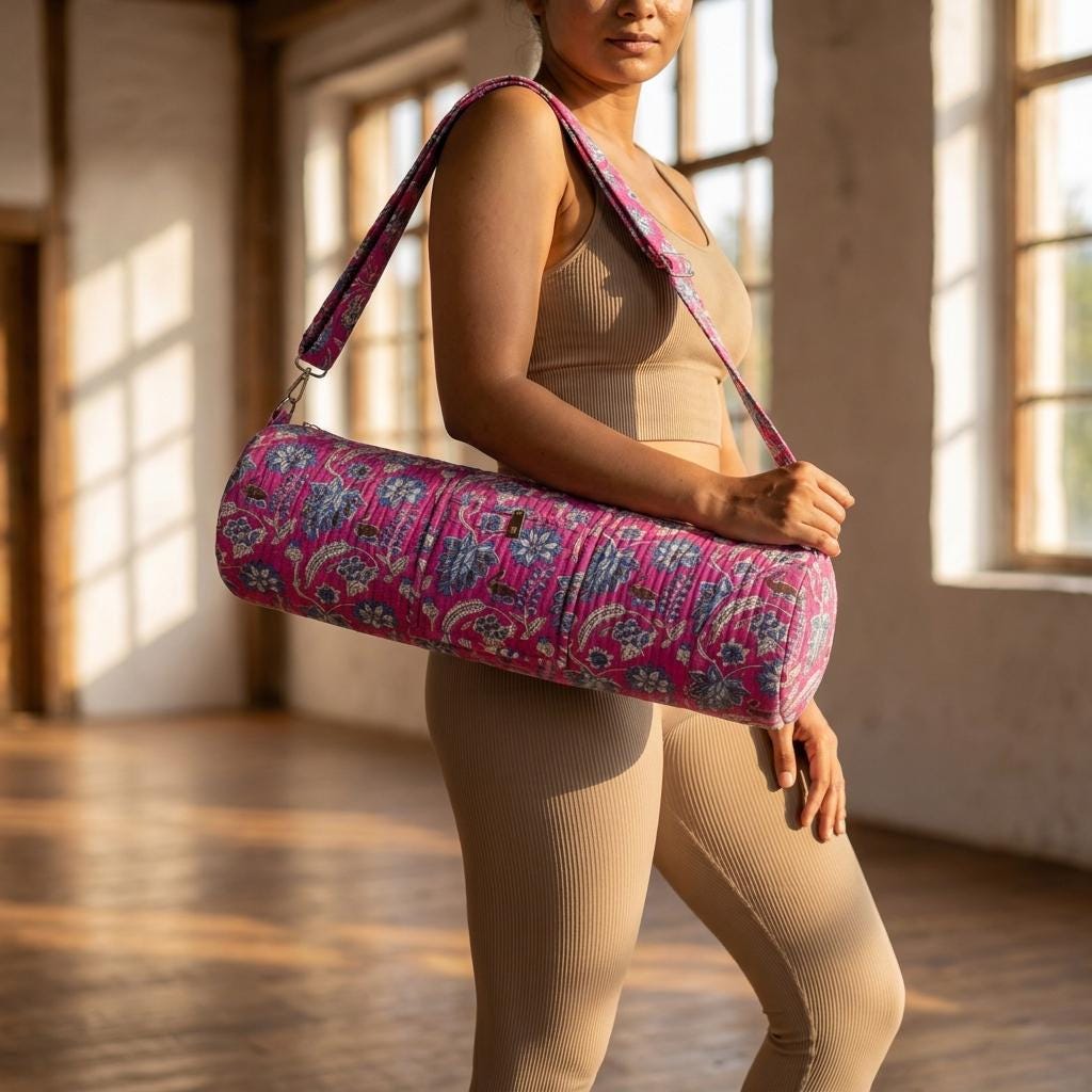 Pink Quilted Cotton Yoga Mat Bag, Handcrafted Crossbody Carrier, Blue Floral Fitness Tote