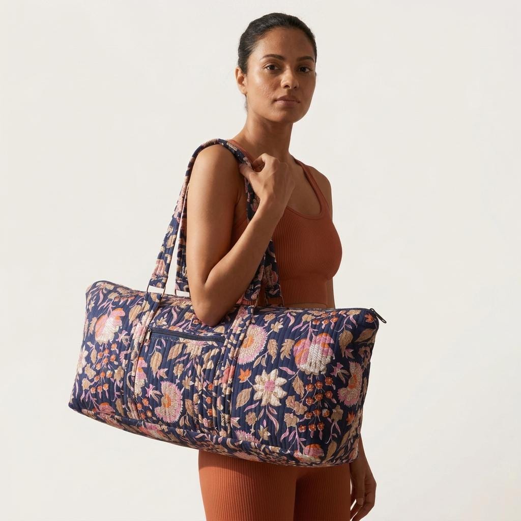 Blue Quilted Cotton Yoga Mat Bag, Handcrafted Shoulder Carrier, Pink Floral Fitness Tote