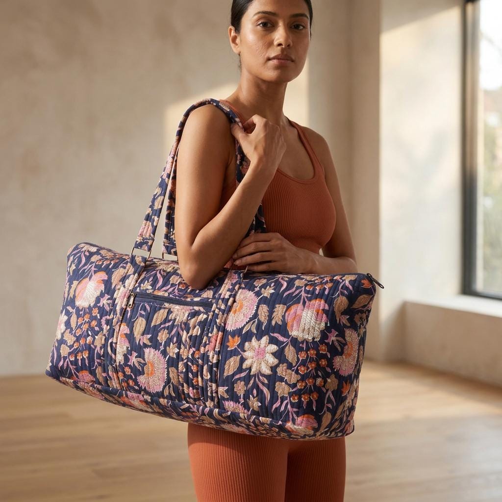 Blue Quilted Cotton Yoga Mat Bag, Handcrafted Shoulder Carrier, Pink Floral Fitness Tote