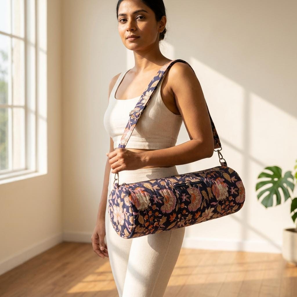 Blue Quilted Cotton Yoga Mat Bag, Handcrafted Crossbody Carrier, Pink Floral Fitness Tote
