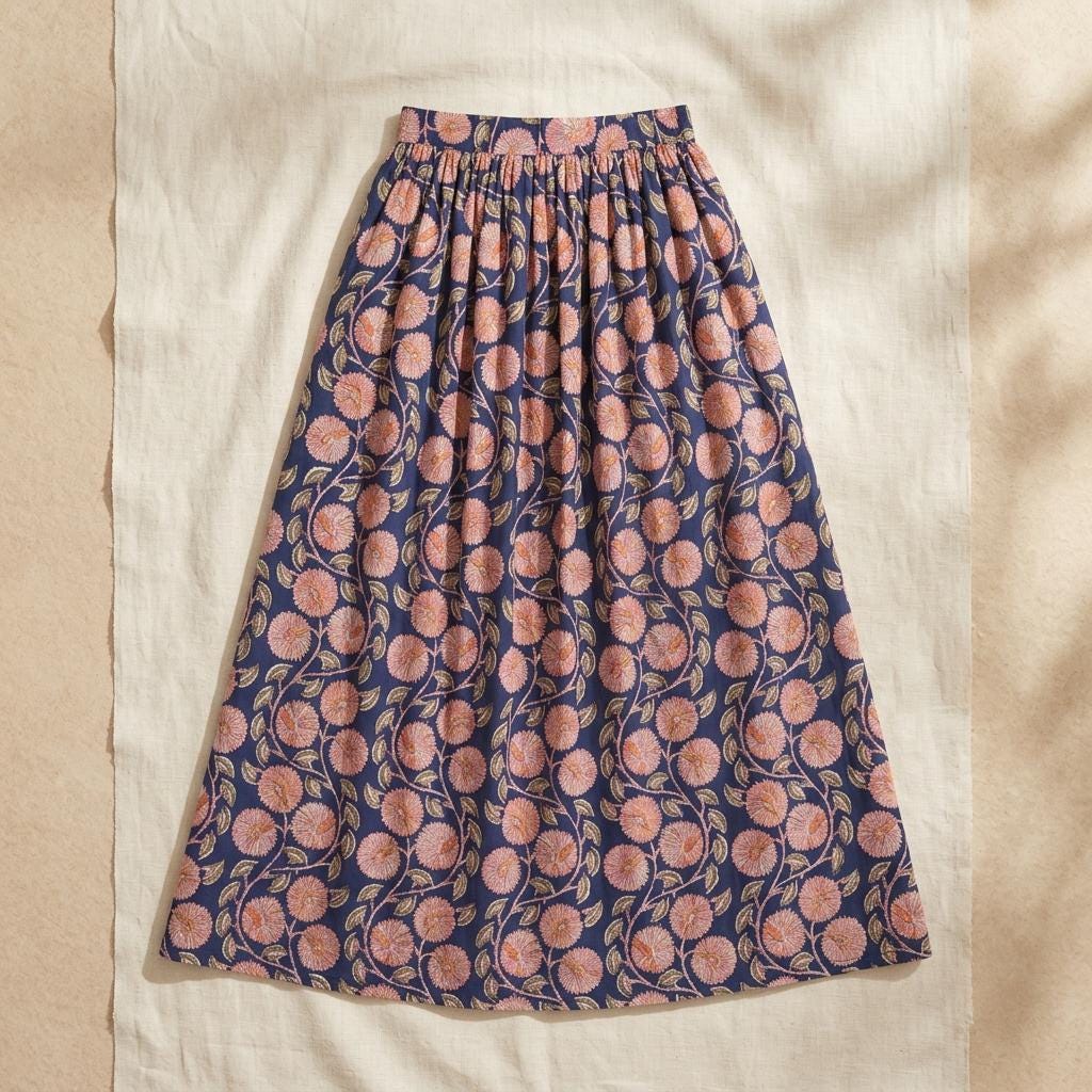 Blue Floral Quilted Cotton Maxi Skirt, Handcrafted Flower Pocket Bohemian Long Summer Dress