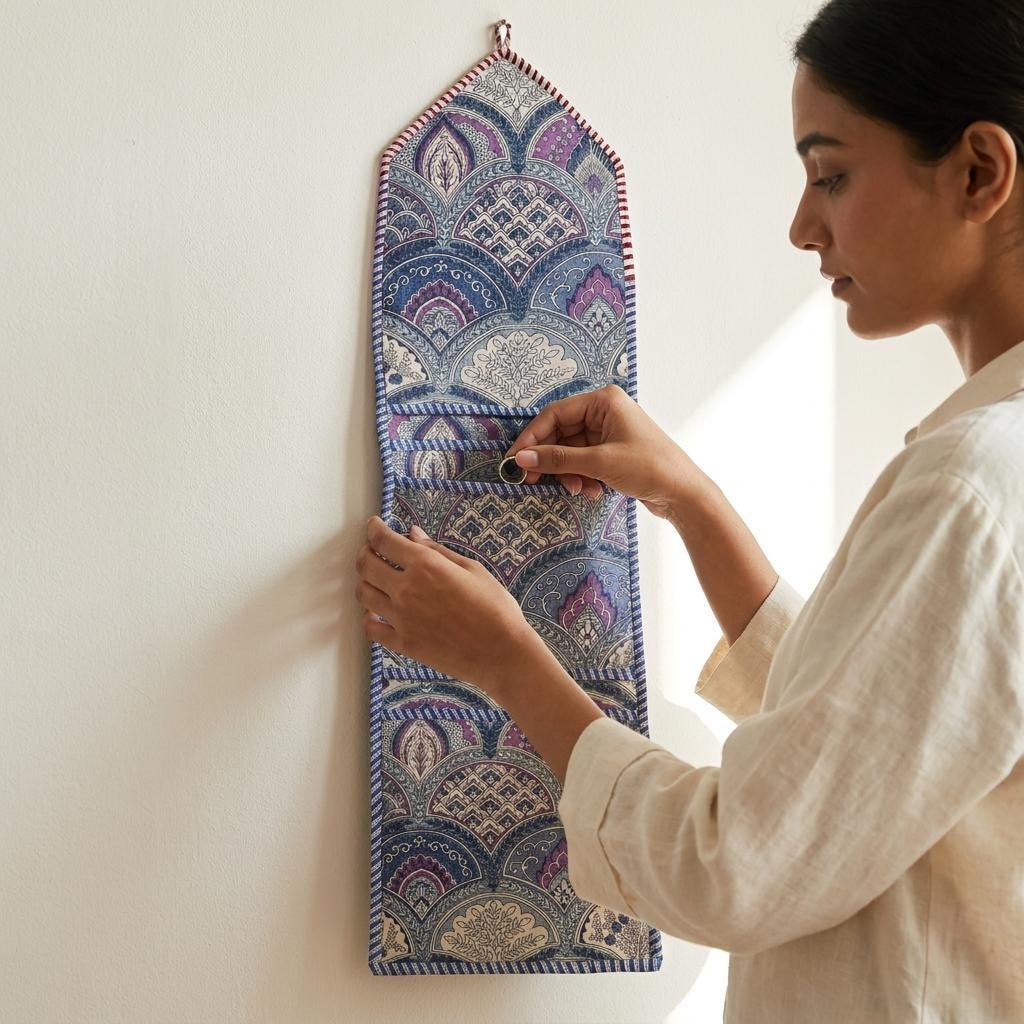 Quilted Cotton Purple Indigo Mughal Arch Hanging Organizer Handcrafted 3-Pocket Wall Storage