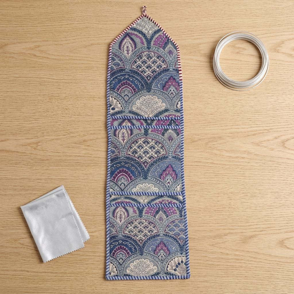 Quilted Cotton Purple Indigo Mughal Arch Hanging Organizer Handcrafted 3-Pocket Wall Storage