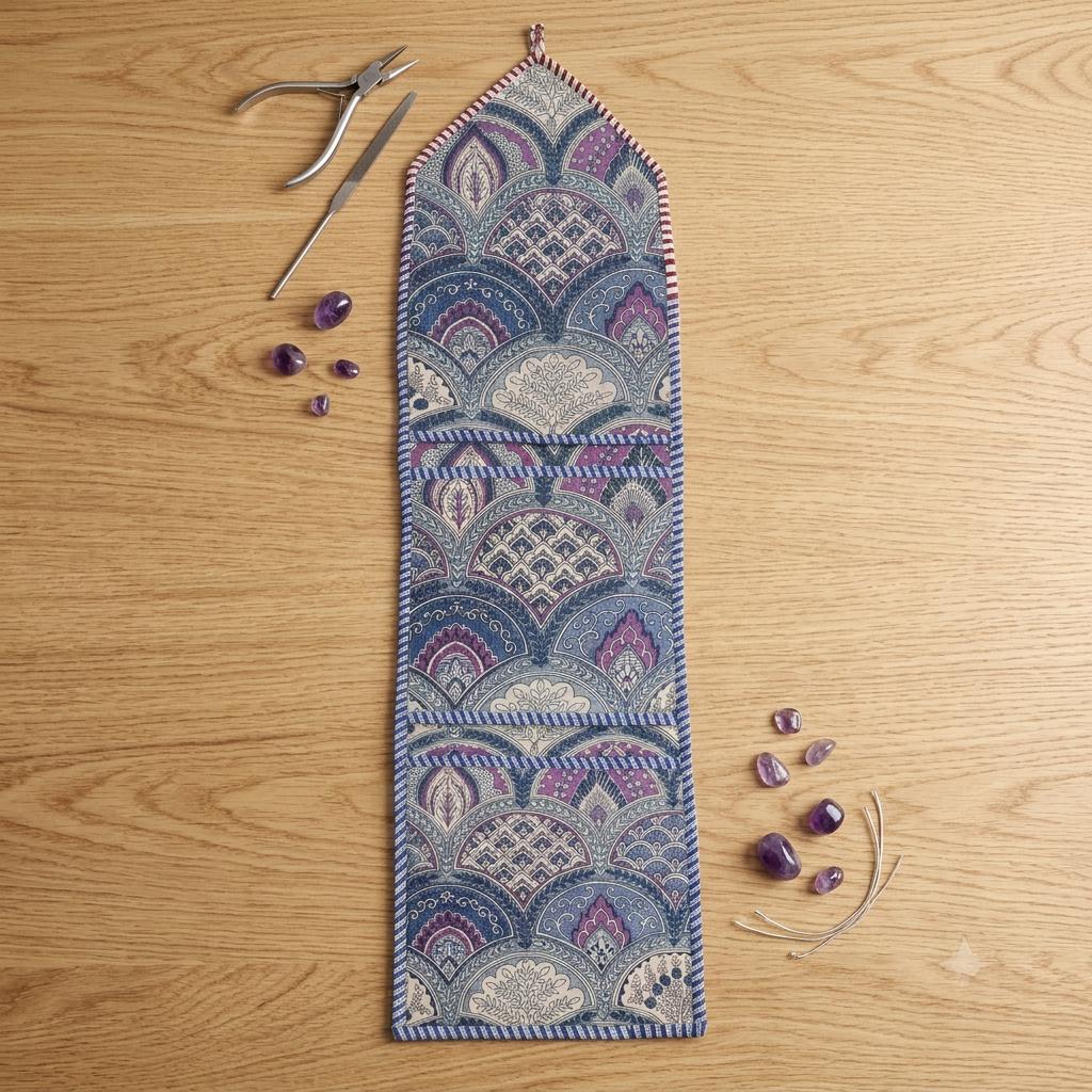 Quilted Cotton Purple Indigo Mughal Arch Hanging Organizer Handcrafted 3-Pocket Wall Storage
