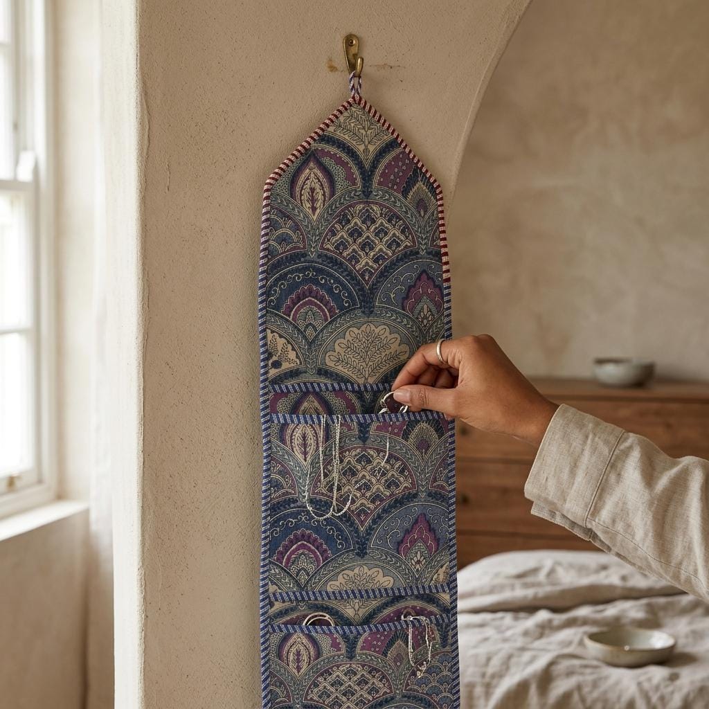 Quilted Cotton Purple Indigo Mughal Arch Hanging Organizer Handcrafted 3-Pocket Wall Storage