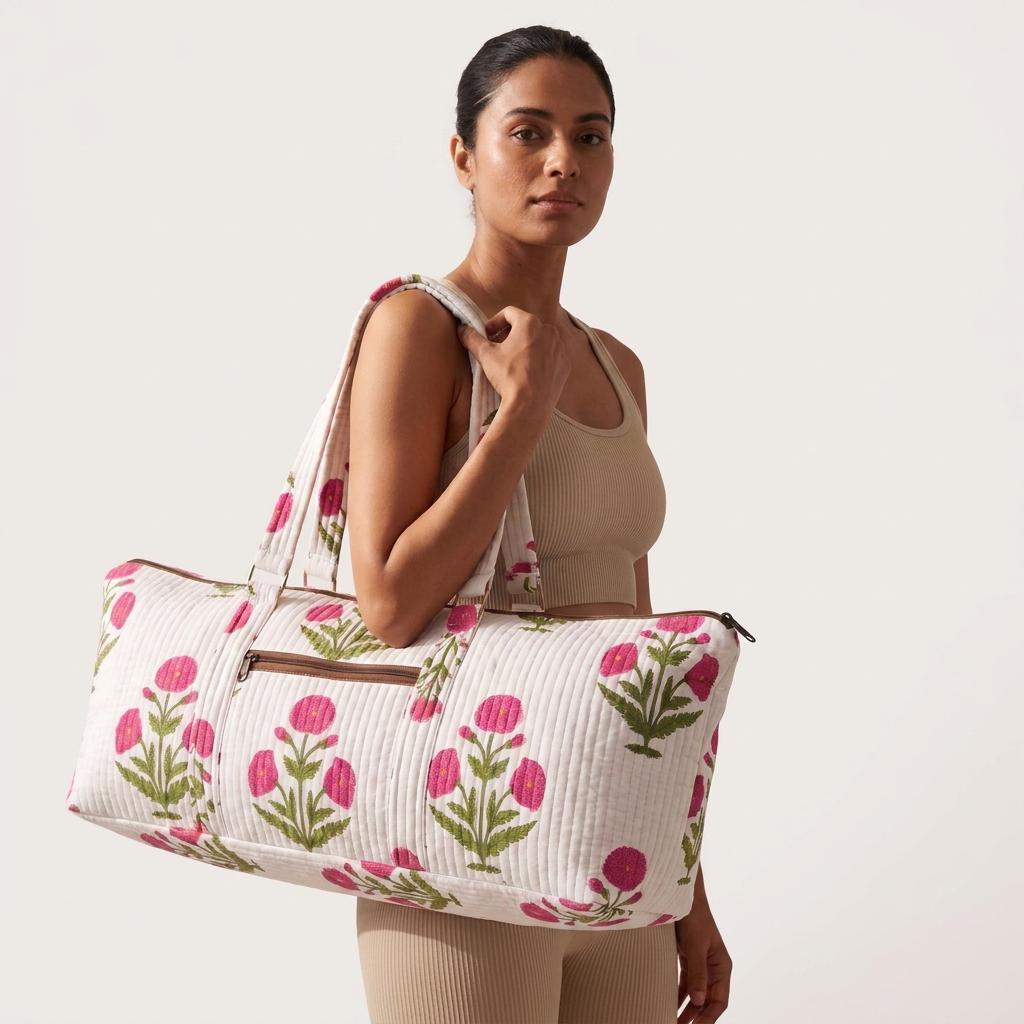 White Poppy Quilted Cotton Yoga Mat Bag, Handcrafted Shoulder Carrier, Pink Floral Fitness Tote