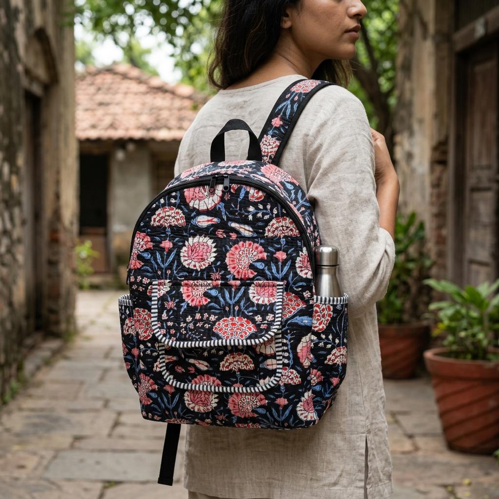 Black Floral Quilted Cotton Backpack, Handcrafted Travel Bookbag, Pink Flower Large School Pack