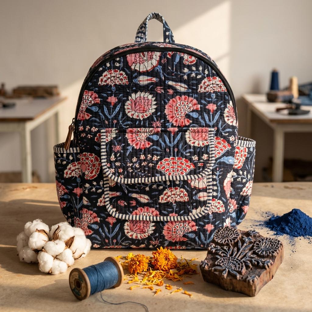 Black Floral Quilted Cotton Backpack, Handcrafted Travel Bookbag, Pink Flower Large School Pack