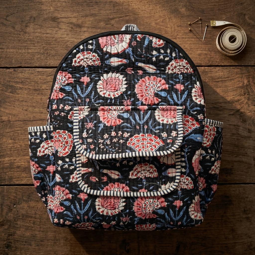 Black Floral Quilted Cotton Backpack, Handcrafted Travel Bookbag, Pink Flower Large School Pack