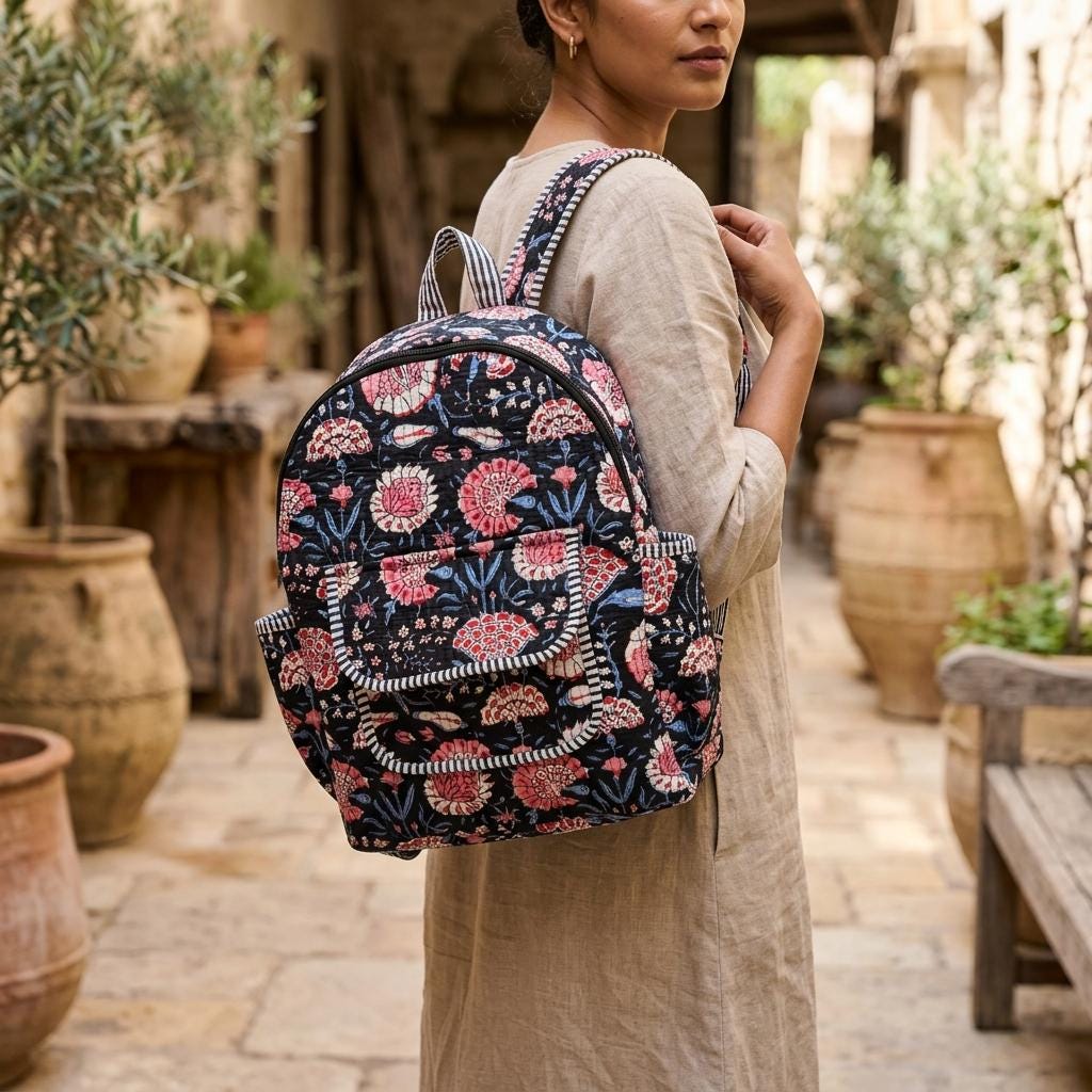 Black Floral Quilted Cotton Backpack, Handcrafted Travel Bookbag, Pink Flower Large School Pack