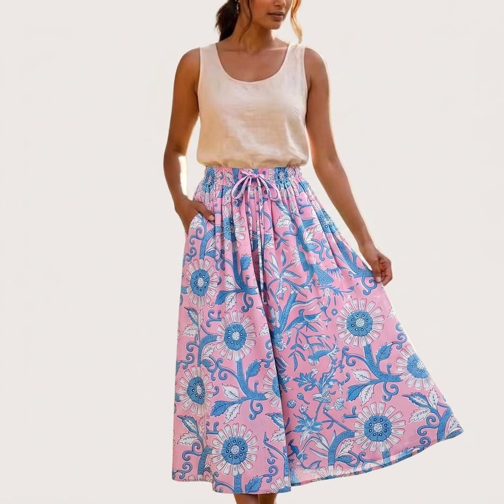 Pink hand block print cotton maxi skirt, floral summer boho midi dress, women clothing
