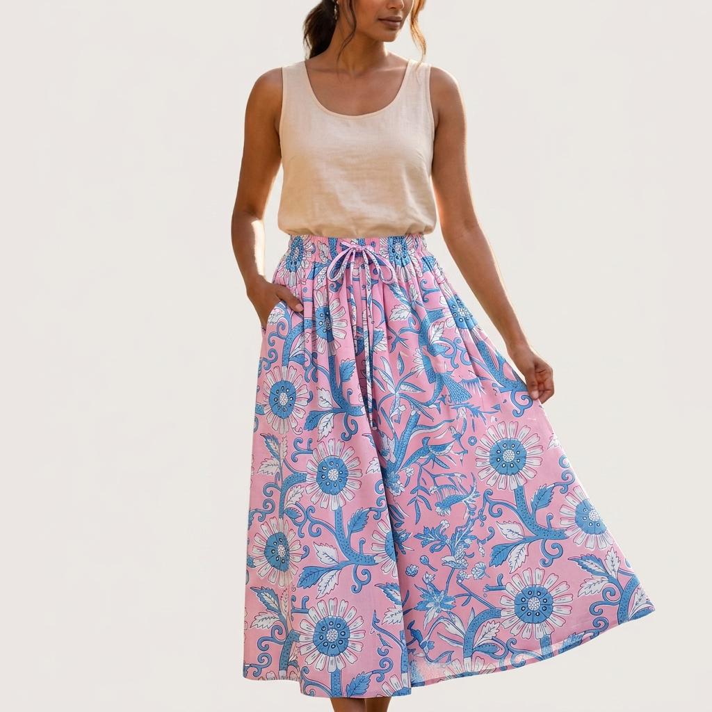 Pink hand block print cotton maxi skirt, floral summer boho midi dress, women clothing