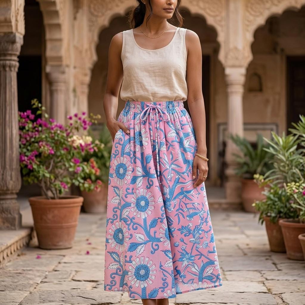 Pink hand block print cotton maxi skirt, floral summer boho midi dress, women clothing
