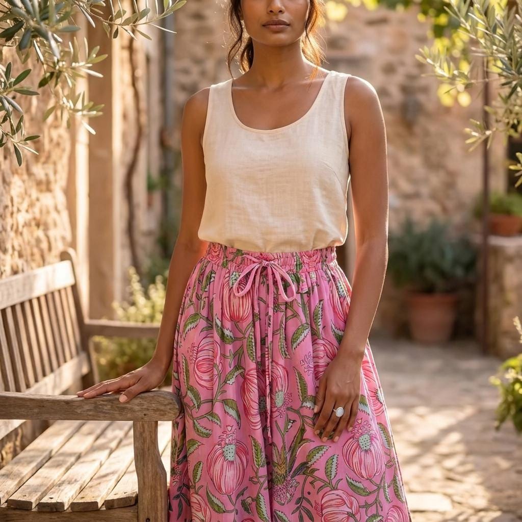 Pink Floral Quilted Cotton Maxi Skirt, Handcrafted Flower Pocket Bohemian Long Summer Dress