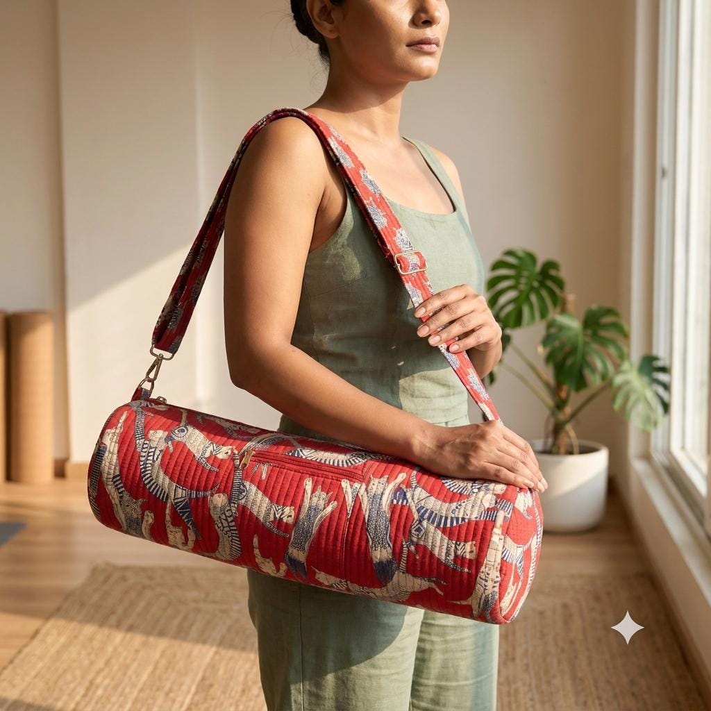 Red Quilted Cotton Yoga Mat Bag, Handcrafted Animal Printed Gym Tote Carrier Holder Sling