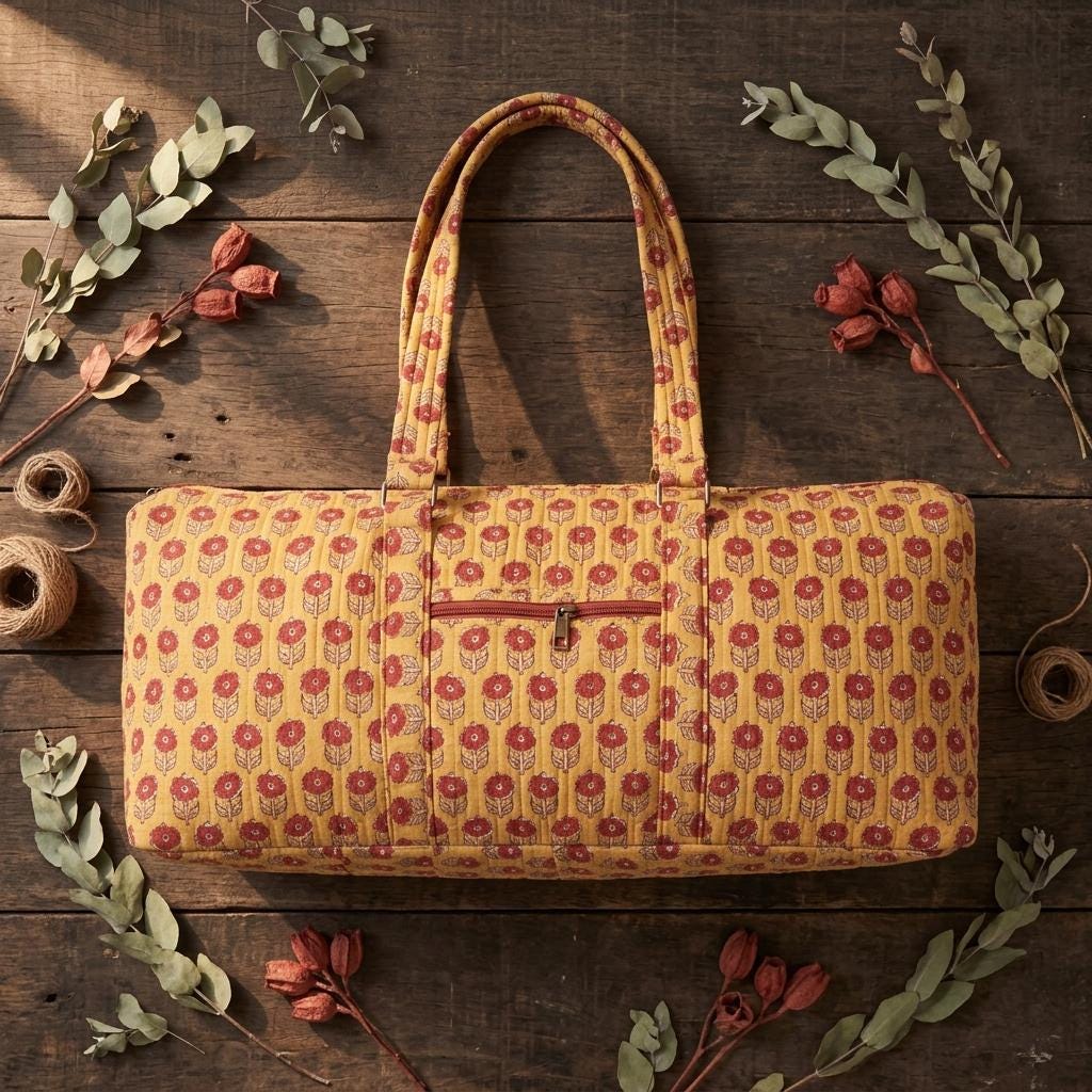 Yellow Floral Quilted Cotton Yoga Mat Bag, Handcrafted Flower Gym Tote Carrier Holder