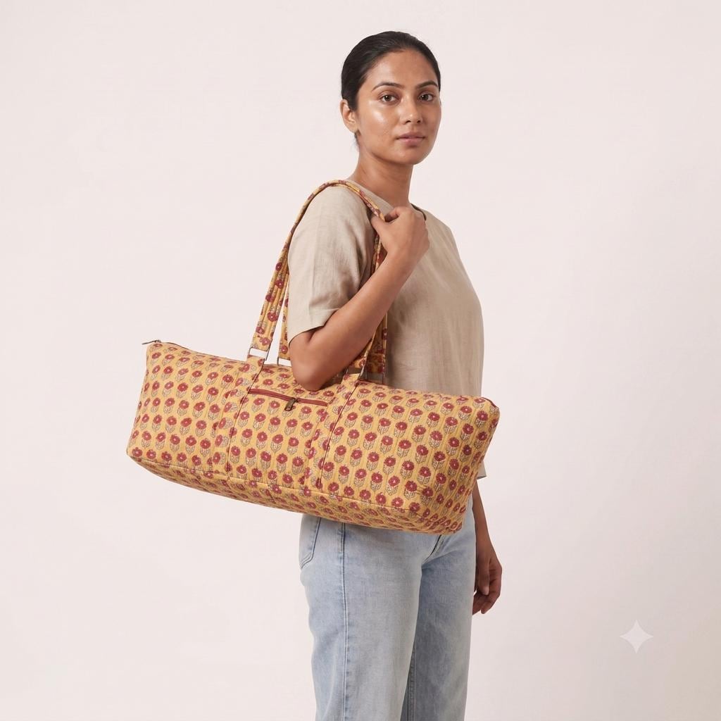 Yellow Floral Quilted Cotton Yoga Mat Bag, Handcrafted Flower Gym Tote Carrier Holder