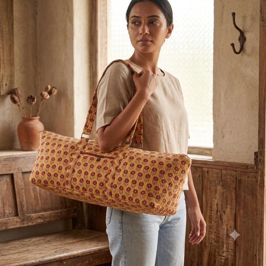 Yellow Floral Quilted Cotton Yoga Mat Bag, Handcrafted Flower Gym Tote Carrier Holder