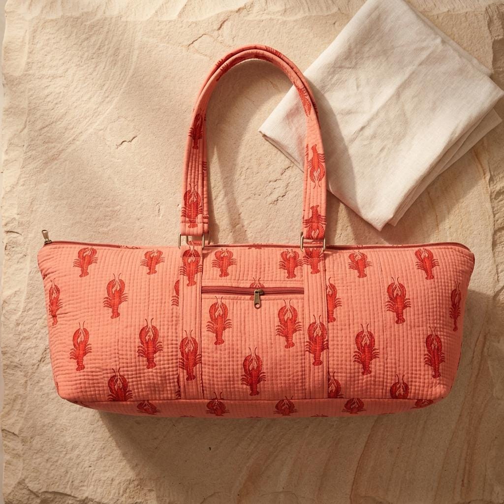 Quilted Cotton Yoga Mat Bag, Lobster Block Print Duffle, Weekend Travel Tote