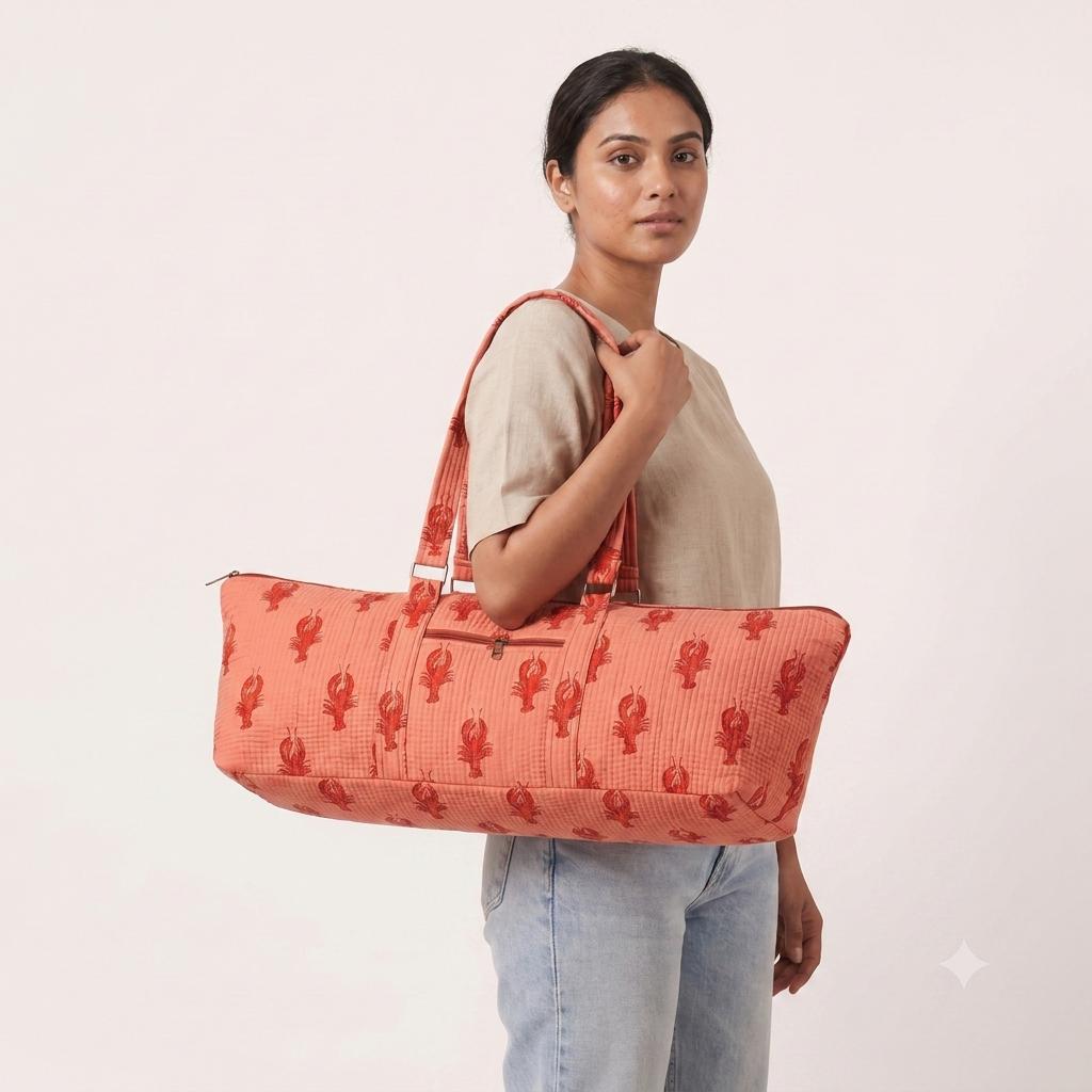 Quilted Cotton Yoga Mat Bag, Lobster Block Print Duffle, Weekend Travel Tote