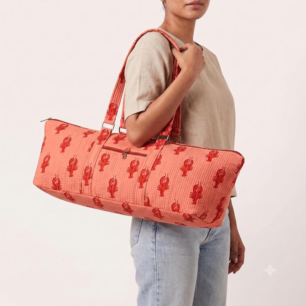 Quilted Cotton Yoga Mat Bag, Lobster Block Print Duffle, Weekend Travel Tote
