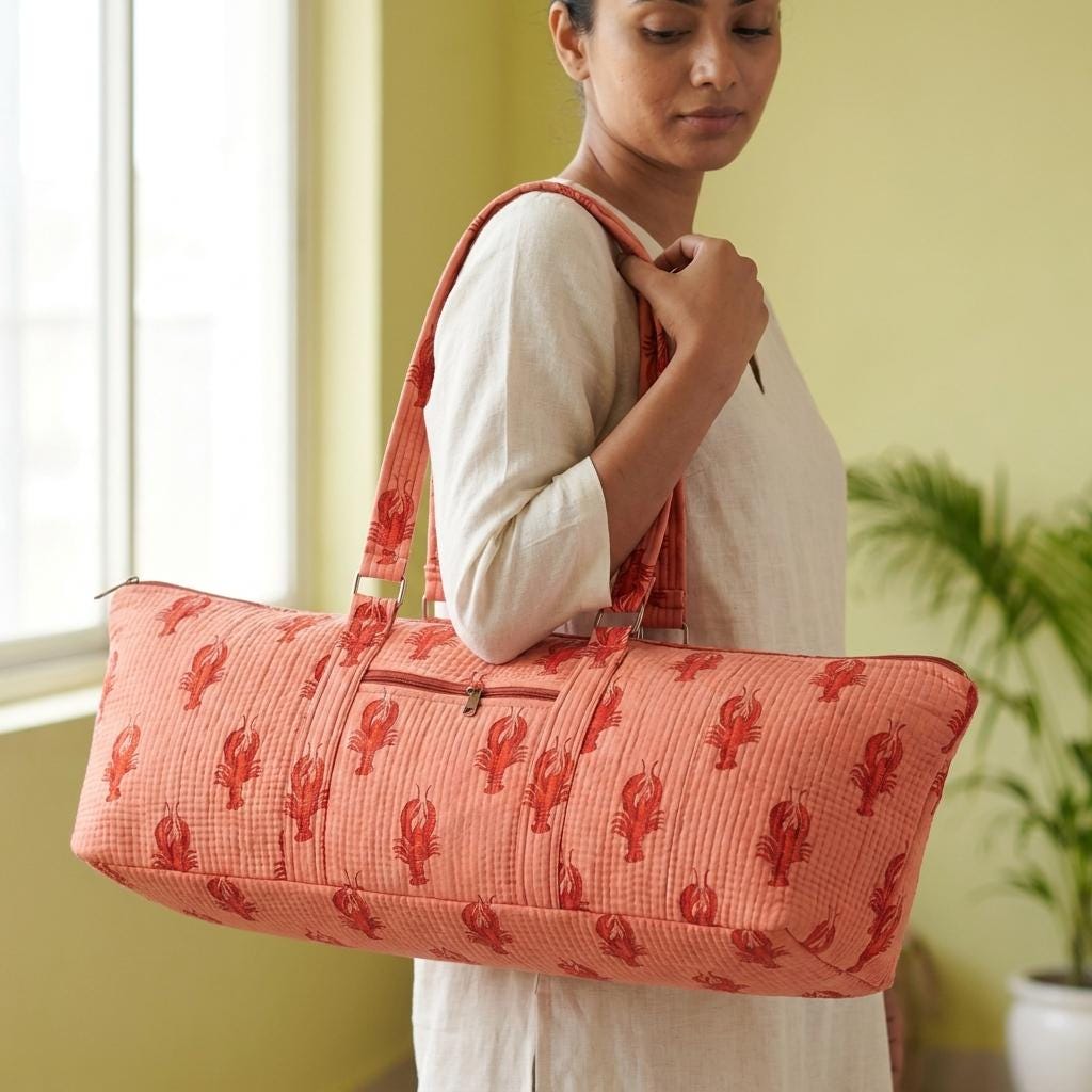 Quilted Cotton Yoga Mat Bag, Lobster Block Print Duffle, Weekend Travel Tote