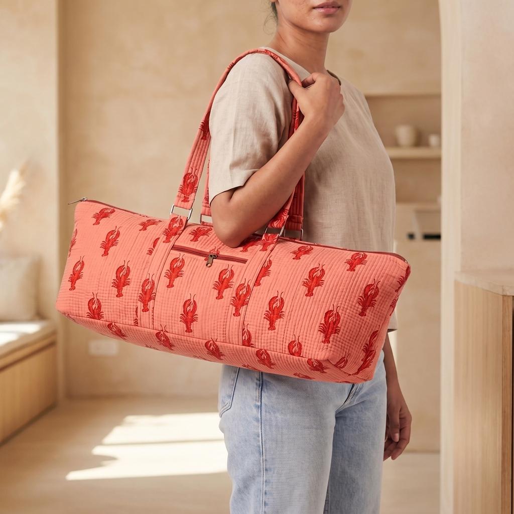 Quilted Cotton Yoga Mat Bag, Lobster Block Print Duffle, Weekend Travel Tote