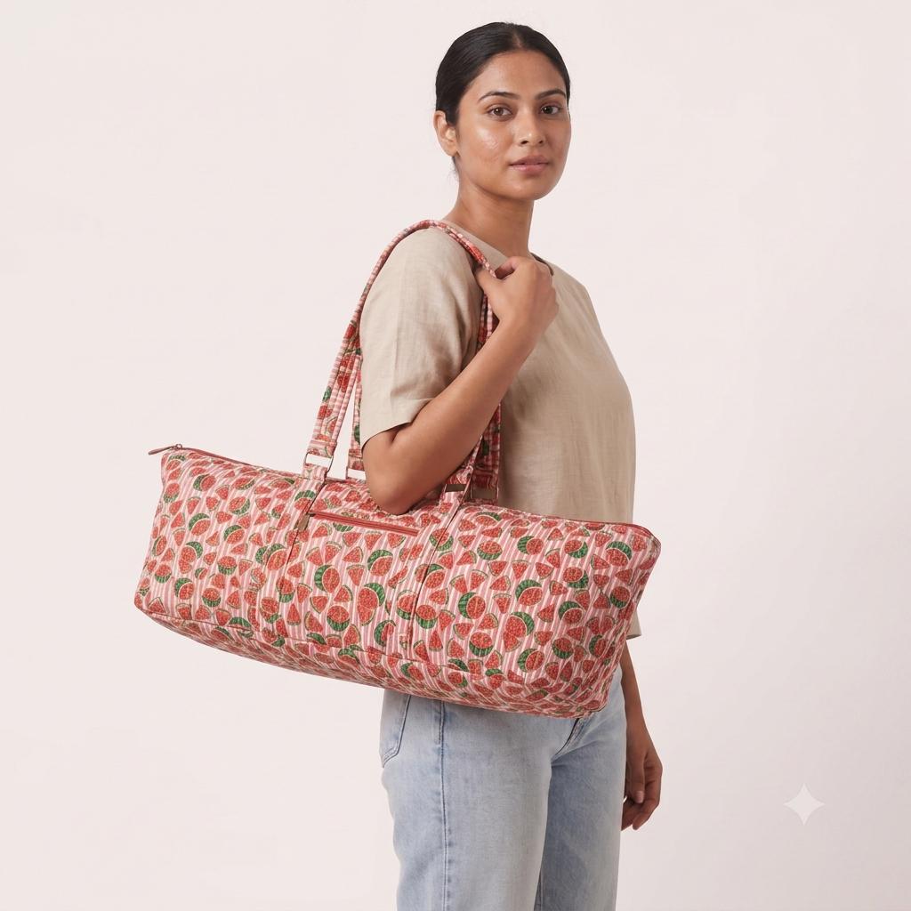 Quilted Cotton Yoga Mat Bag, Watermelon Block Print Duffle, Weekend Travel Tote