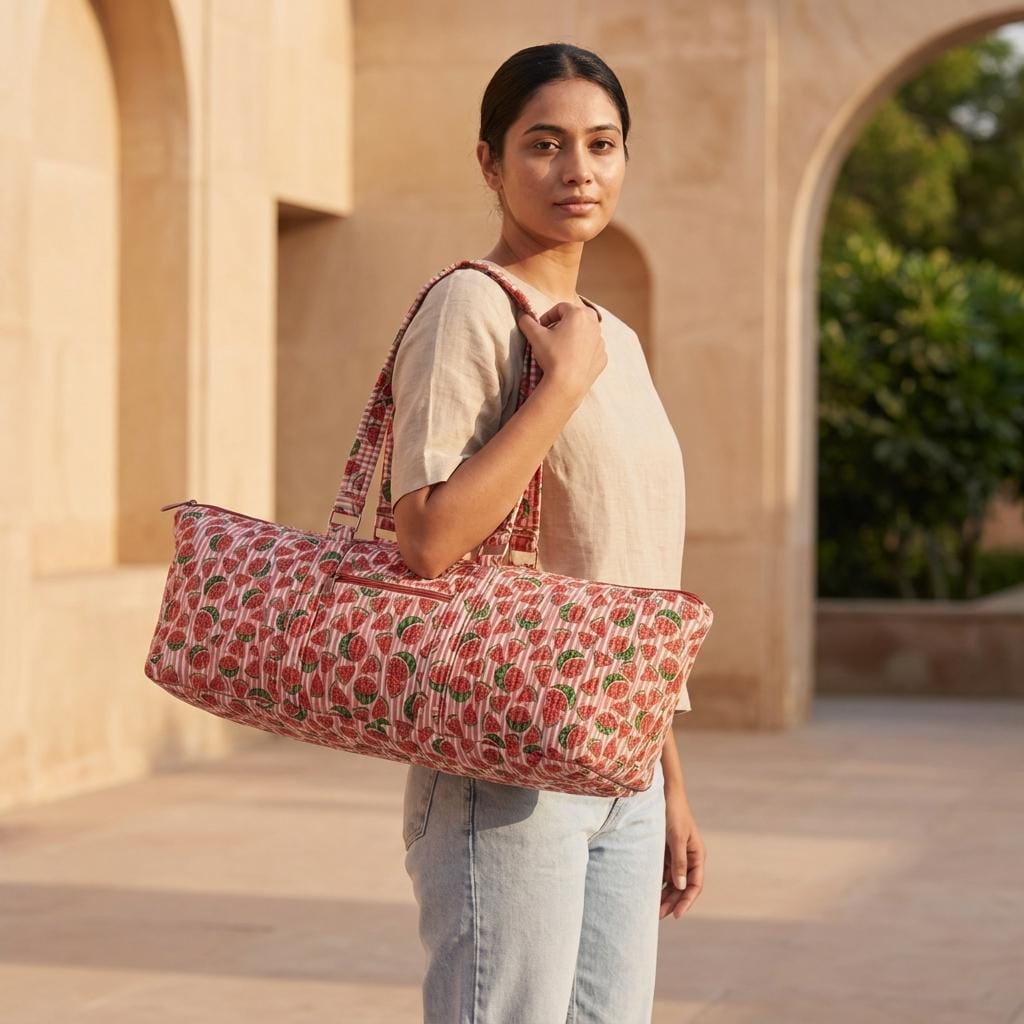 Quilted Cotton Yoga Mat Bag, Watermelon Block Print Duffle, Weekend Travel Tote