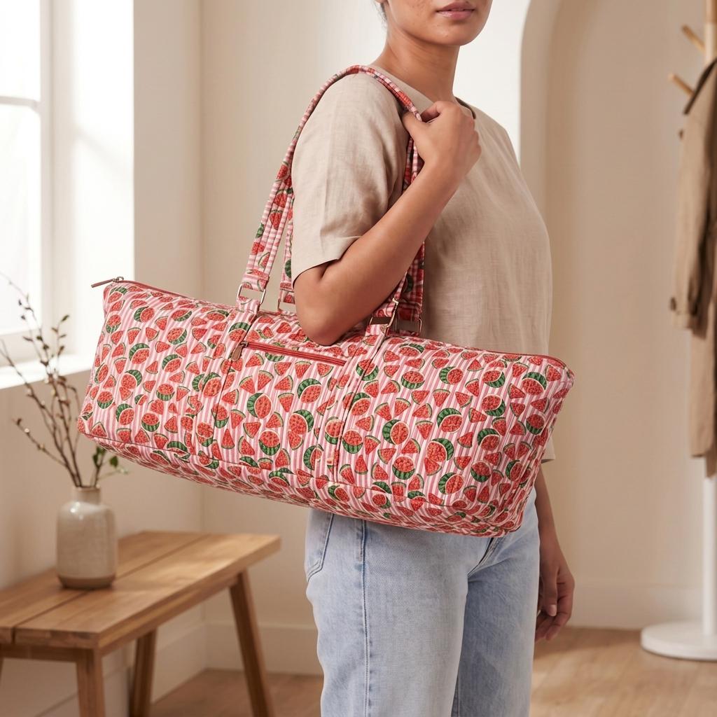 Quilted Cotton Yoga Mat Bag, Watermelon Block Print Duffle, Weekend Travel Tote