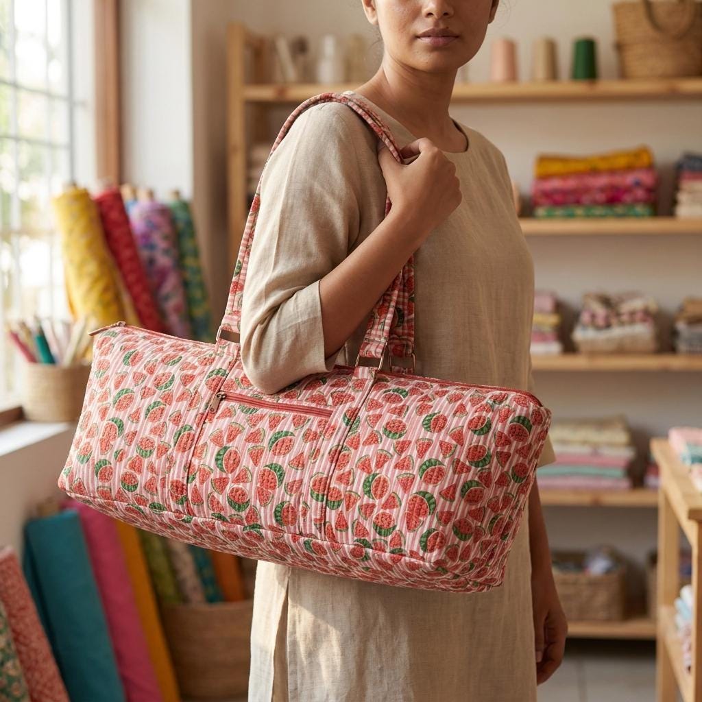 Quilted Cotton Yoga Mat Bag, Watermelon Block Print Duffle, Weekend Travel Tote