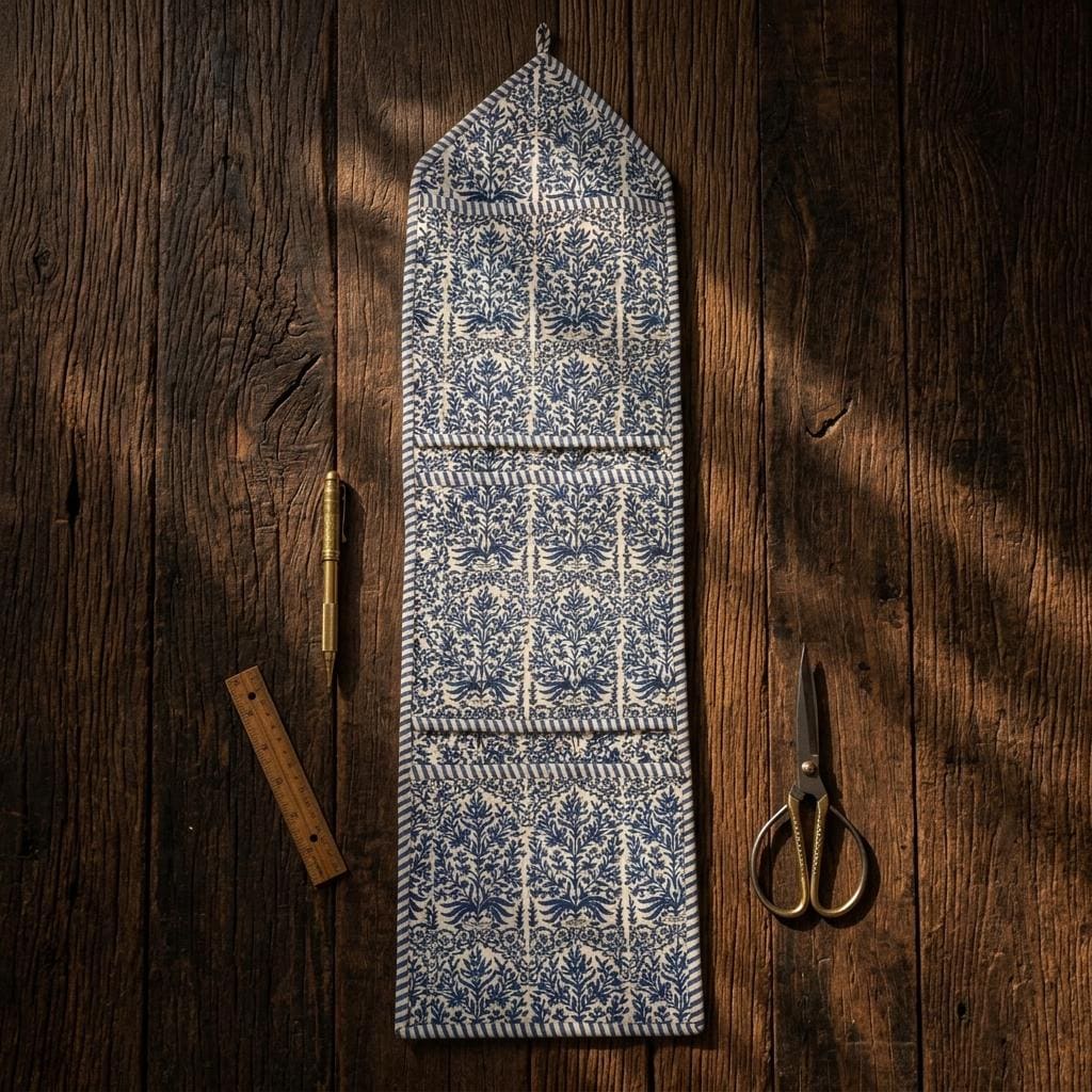 Blue Indigo Quilted Cotton Hanging Wall Organizer, Handcrafted Slim Jewelry Pocket Fabric Hanger