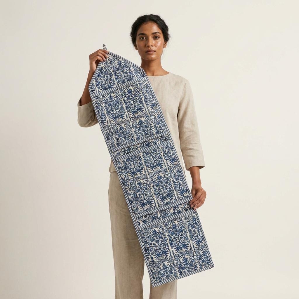 Blue Indigo Quilted Cotton Hanging Wall Organizer, Handcrafted Slim Jewelry Pocket Fabric Hanger