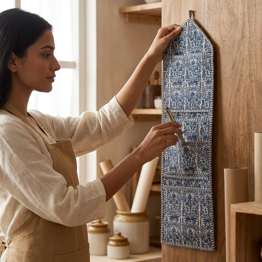 Blue Indigo Quilted Cotton Hanging Wall Organizer, Handcrafted Slim Jewelry Pocket Fabric Hanger